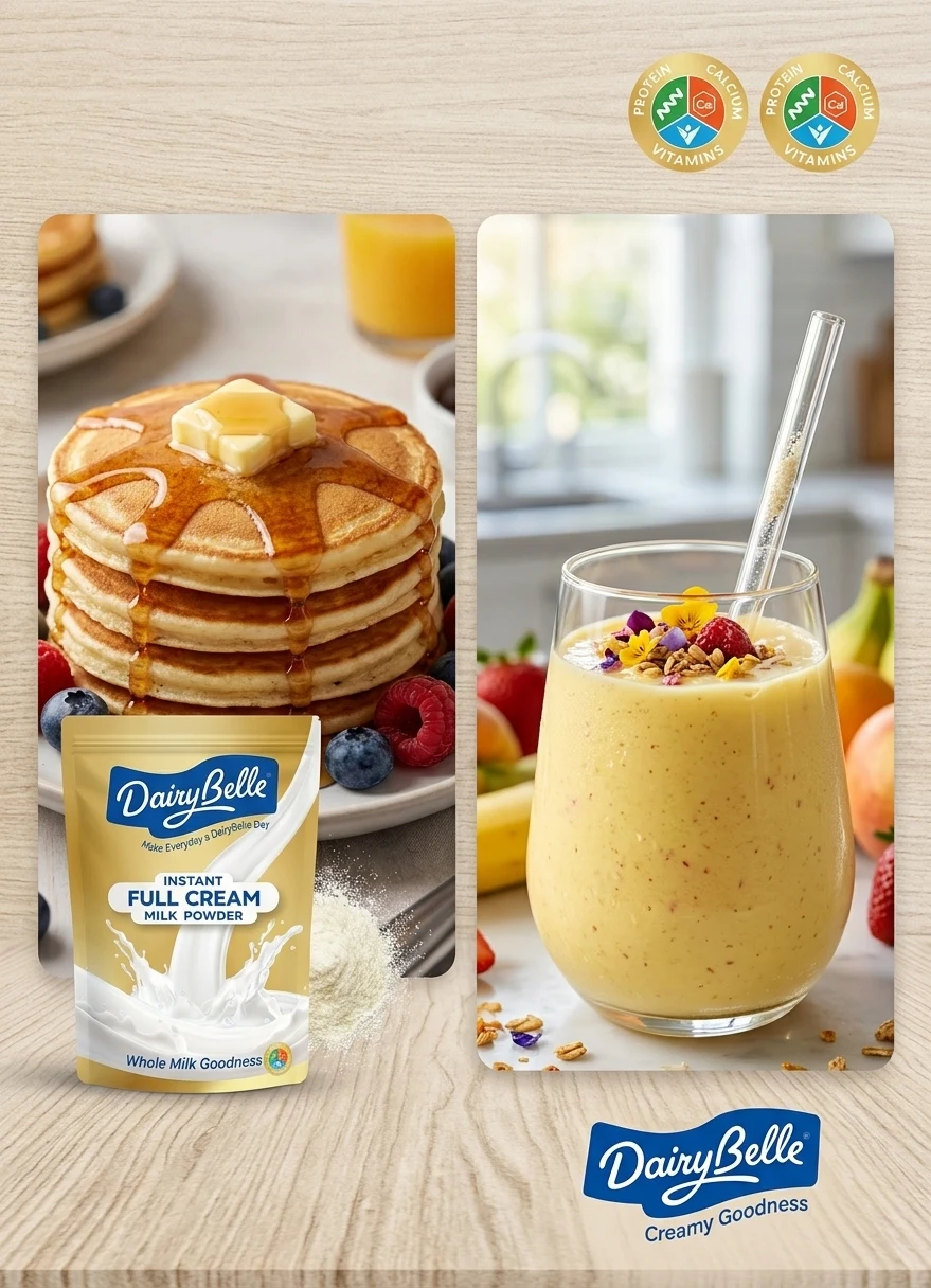 Pancakes and a fruit smoothie with DairyBelle