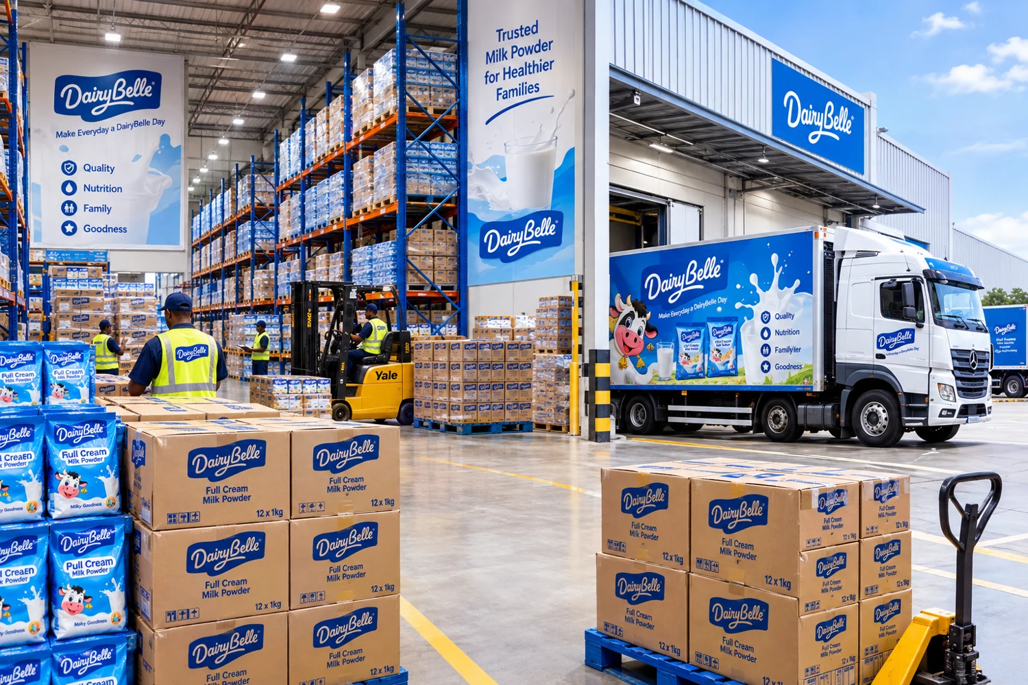 DairyBelle branded warehouse and delivery truck illustration
